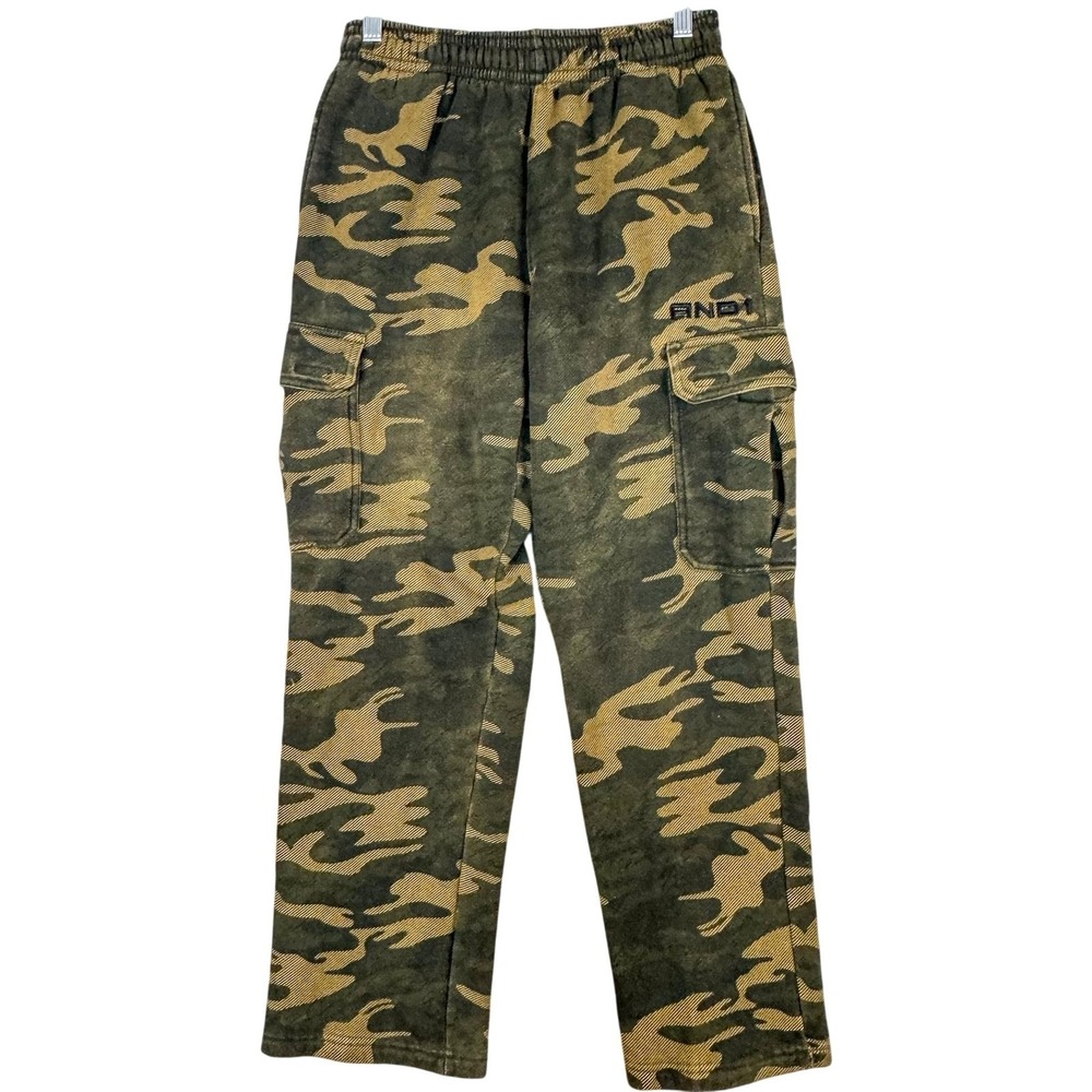 AND1‎ Sweatpants Mens Small Green Camo Fleece Cargo Pockets Drawstring Joggers